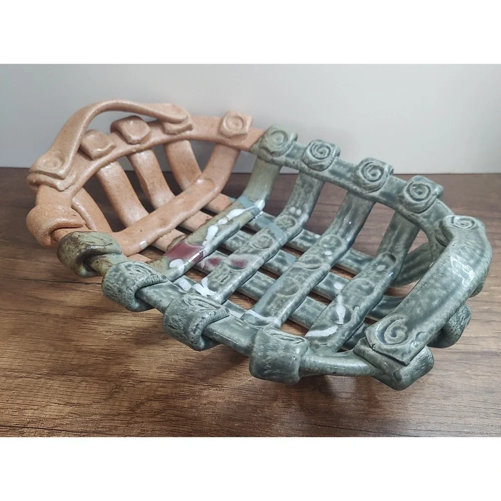 Ceramic Pottery Open Weave Lattice Basket 12x9